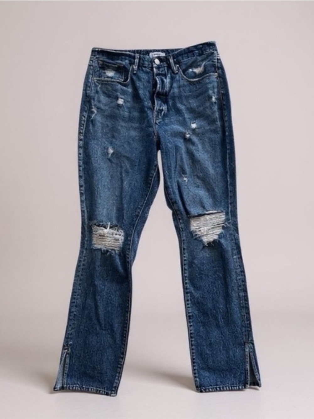 Good American Distressed Dark Blue Straight Leg Jeans 12/31